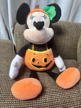 Disney Minnie Mouse Plush in Orange Pumpkin Outfit with Green Bow